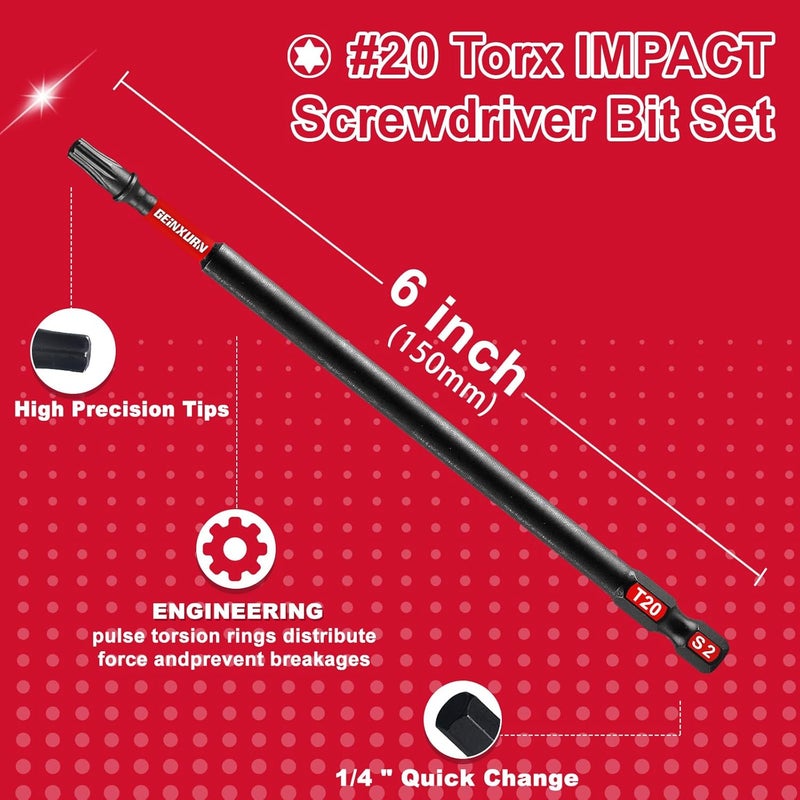 GEINXURN Impact Tough #20 Torx 6 in. Insert Driver Bits,10Pack Magnetic T20 Power Bits, S2 Alloy Steel T20 Screwdriver Bits Set Bulk - Image 3